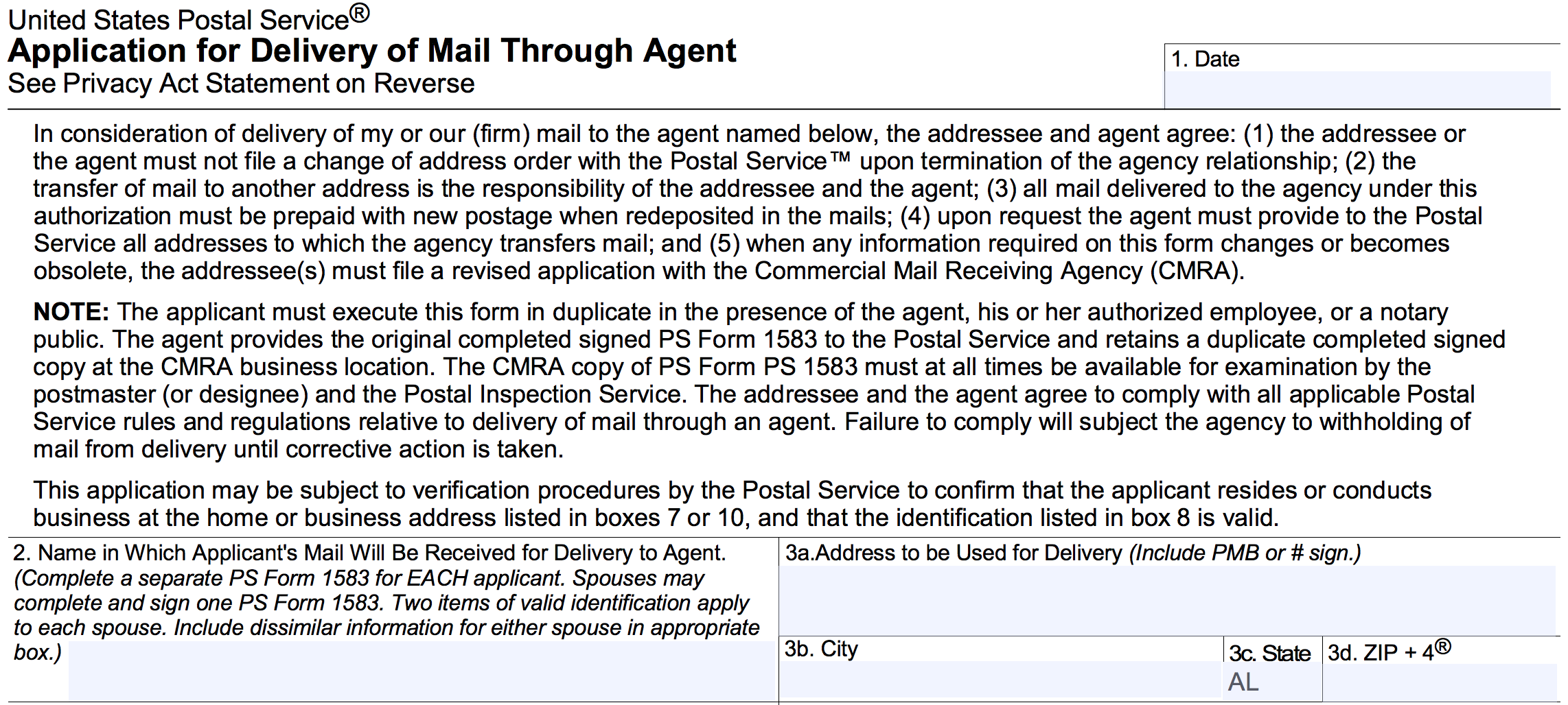 form 1583 usps mailbox application